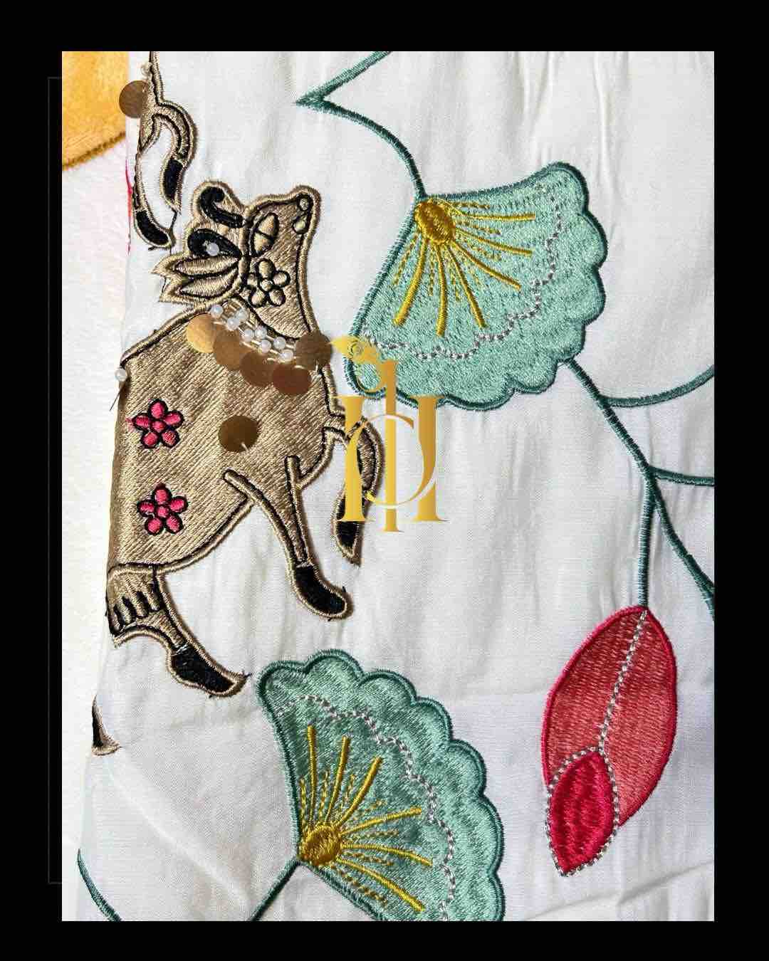 Ivory Lotus & Cow Embroidery Cordset